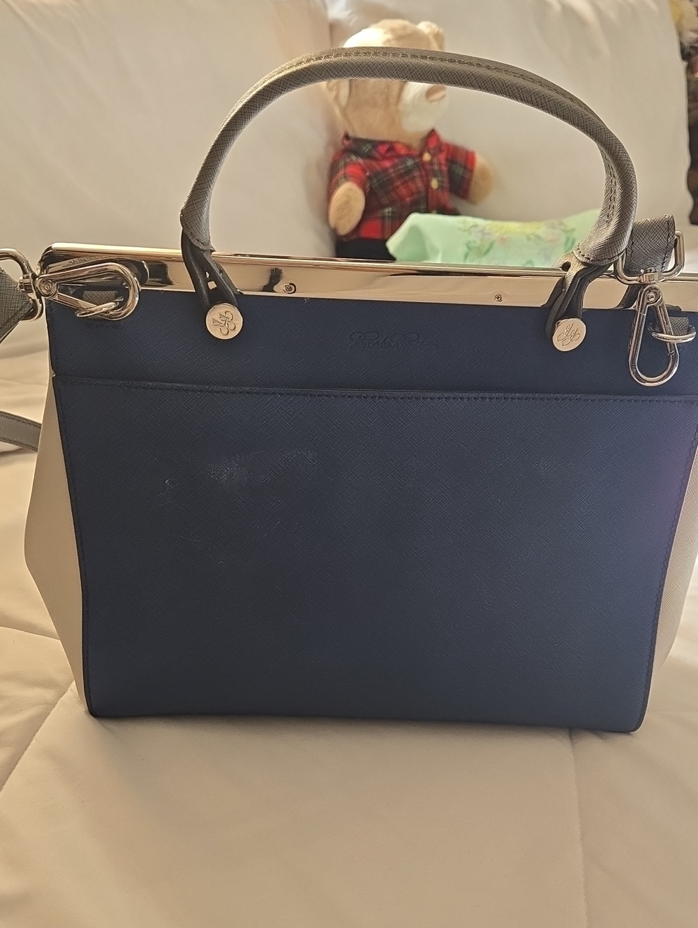 Elegant Navy and Cream Structured Top-Handle Bag